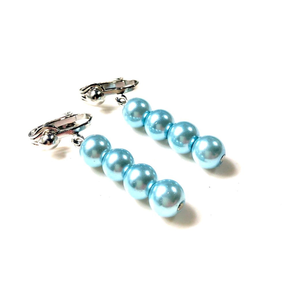 Handmade Light Blue Glass Pearl Beaded Clip-On Earrings Women Gift